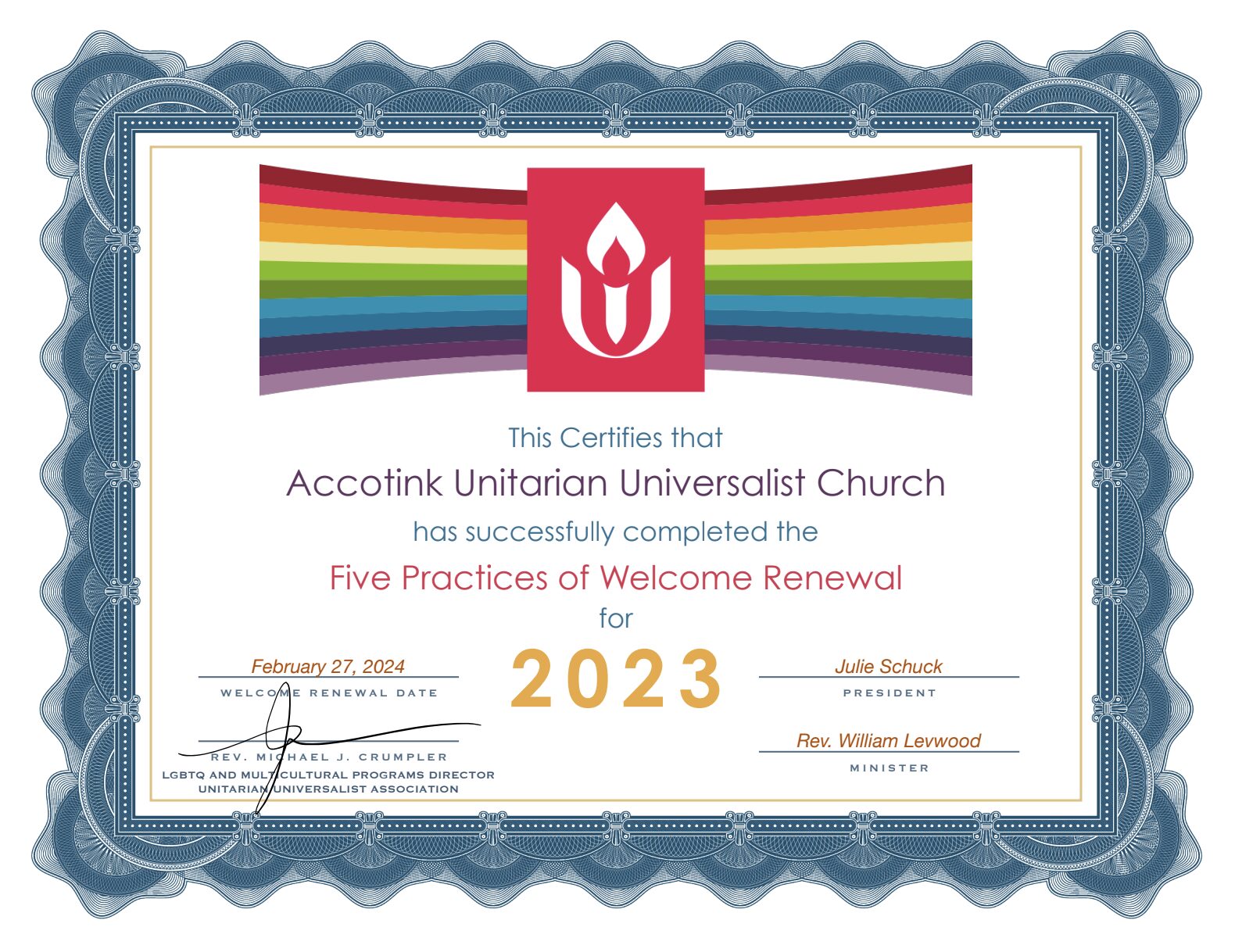 2023 Welcome Congregation Status Certificate